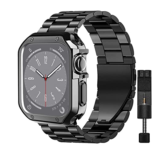 Uhrenarmband-Hülle, kompatibel mit Apple Watch, 45 mm, 44 mm, 42 mm, für iWatch Serie 8, 7, SE, 6, 5, 4, 3, 2, 1, Edelstahl-Armbänder mit TPU-Gehäuse (42/44/45 mm, schwarz) von Generic