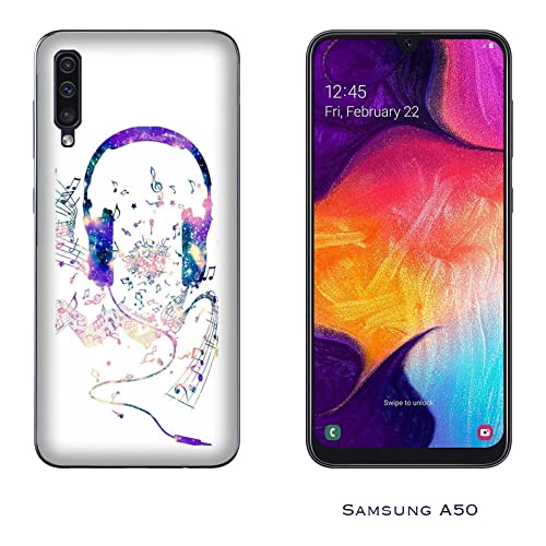 Generico Hulle Schutz kompatibel mit Samsung Galaxy A50 Musiknoten mit lila Kopfhörern/Bedrucken Sie auch die Seiten/Telefon-Hartschale zum Aufstecken, rutschfest, Kratzfest, stoßfest, starrer Schutz von Generico