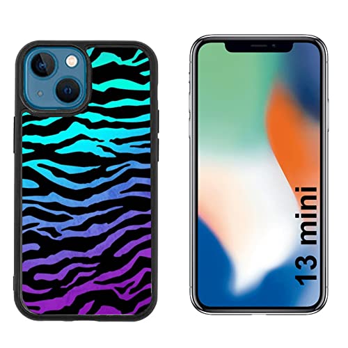 Hulle Schutz kompatibel mit Apple iPhone 13 Mini Zebra Zebra gestreiftes Zebra Lila Blau Grün Schwarz/Glasrückseite mit Gummi an den Seiten/TPU Anti-Rutsch Anti-Kratz Stoßfest Schützendes Star von Generico