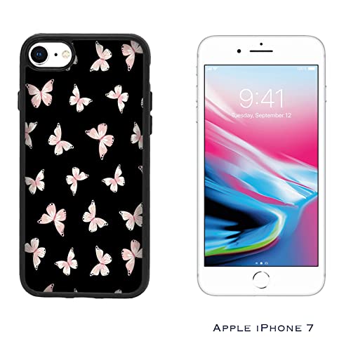 Hulle Schutz kompatibel mit Apple iPhone 7 Schmetterling Rosa schwarzer Hintergrund. / Glasrückseite mit Gummi an den Seiten/TPU, rutschfest, Kratzfest, stoßfest, schützendes, starres Telefon, zu von Generico