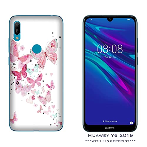 Hulle Schutz kompatibel mit Huawei Y6 2019 Fingerprint Schmetterling rosa weißer Hintergrund / Bedrucken Sie auch die Seiten / Telefon-Hartschale zum Aufstecken, rutschfest, kratzfest, stoßfest, sta von Generico