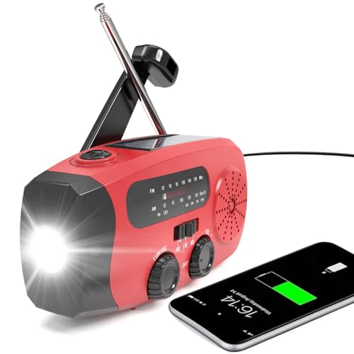Kleines tragbares Radio mit Solarkurbel, militärischer Notfallradio, tragbarer Solargenerator, wiederaufladbarer Akku mit 2000 mAh, LED-Taschenlampe, USB für Mobiltelefone, ideal für Camping (rot) von Genérico