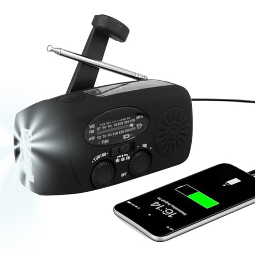 Kleines tragbares Radio mit Solarkurbel, militärischer Notfallradio, tragbarer Solargenerator, wiederaufladbarer Akku mit 2000 mAh, LED-Taschenlampe, USB für Mobiltelefone, ideal für Camping (schwarz) von Genérico