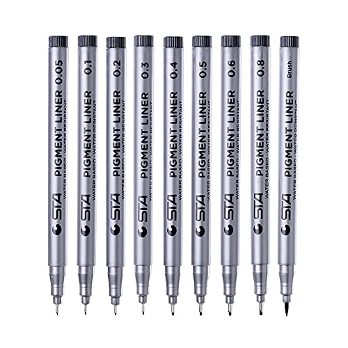 Set mit 9 schwarzen Fineliner für: Kunst, Schule, Kalligraphie, schöne Kunst, technische Zeichnung, Comic, Manga; schwarze Liner mit mikroporöser Spitze in verschiedenen Größen. von Generico