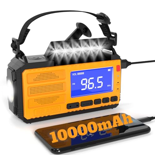 Tragbares Notfall-Radio, Solar, 10000 mAh, mit Kurbel, NOAA AM/FM, 4 Lademethoden (Solar/Kurbel/USB/Akku), Taschenlampe 3 Modi, SOS, USB-Ladegerät, Notfall-Kit und Outdoor von Genérico