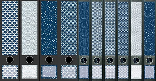 10er Set breite & schmale Ordnerrücken Pattern Blau Muster File Art Etiketten Deko 2208 2211 von Generisch