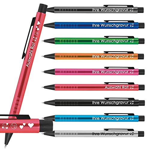 10x Kugelschreiber mit Gravur | Emoji Gravur möglich | Werbekugelschreiber personalisiert | Blau schreibende Mine | Extravagante Griffzone | Metall Druckkugelschreiber mit Wunschgravur (Rot) von Generisch