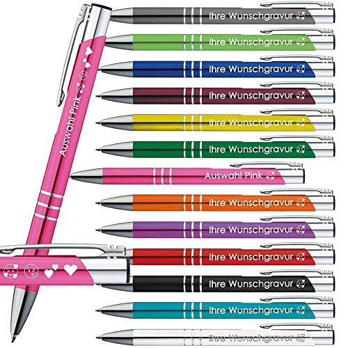 Generisch 10x Kugelschreiber mit Gravur | Emojis Gravur | 13 Farben Auswahl | Personalisierte Werbekugelschreiber mit Wunschgravur | (Pink, 10 Stück) von Generisch