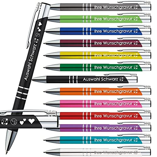 10x Kugelschreiber mit Gravur | Emojis Gravur | 13 Farben Auswahl | Personalisierter Werbekugelschreiber mit Wunschgravur | (Schwarz, 10 Stück) von Generisch
