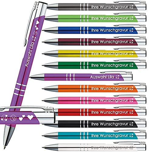 10x Kugelschreiber mit Gravur | Emojis Gravur möglich | 13 Farben Auswahl | Personalisierte Werbekugelschreiber mit Wunschgravur | (Lila, 10 Stück) von Generisch