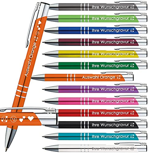 10x Kugelschreiber mit Gravur | Emojis Gravur möglich | 13 Farben Auswahl | Personalisierte Werbekugelschreiber mit Wunschgravur | (Orange, 10 Stück) von Generisch