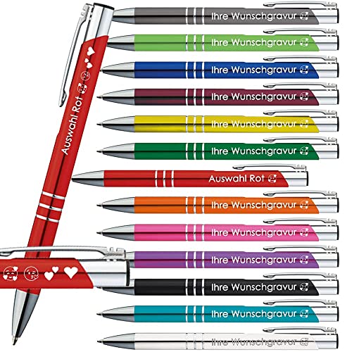 10x Kugelschreiber mit Gravur | Emojis Gravur möglich | 13 Farben Auswahl | Personalisierte Werbekugelschreiber mit Wunschgravur | (Rot, 10 Stück) von Generisch