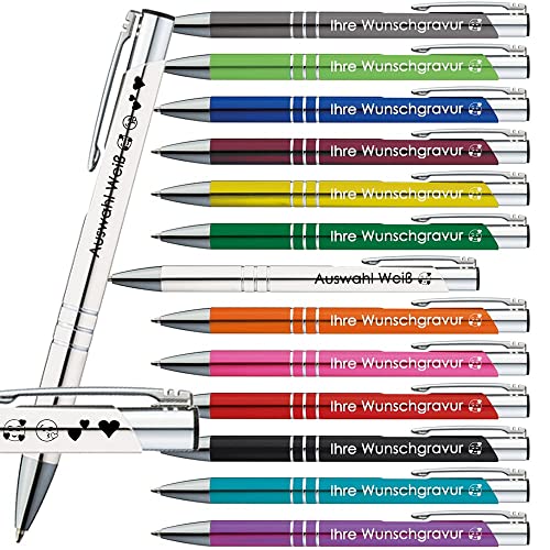 10x Kugelschreiber mit Gravur | Emojis Gravur möglich | 13 Farben Auswahl | Personalisierte Werbekugelschreiber mit Wunschgravur | (Weiß, 10 Stück) von Generisch