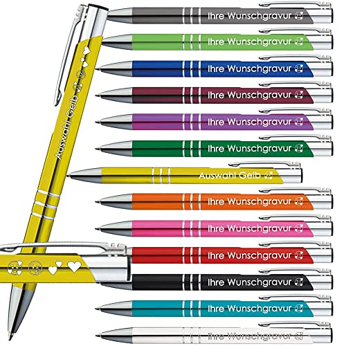 10x Kugelschreiber mit Gravur | Emojis Gravur möglich | Auswahl 13 Farben | Personalisierte Werbekugelschreiber mit Wunschgravur | PS167 (Gelb, 10 Stück) von Generisch