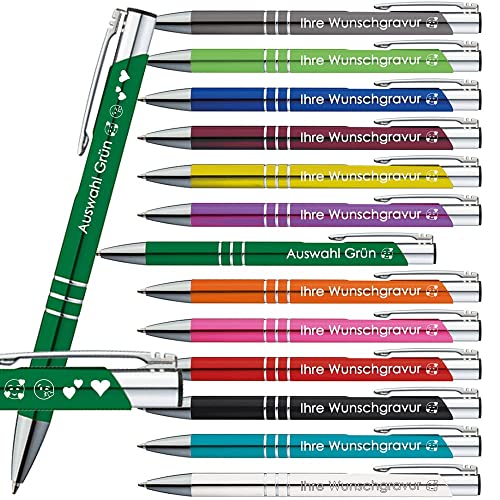 10x Kugelschreiber mit Gravur | Emojis Gravur möglich | Auswahl13 Farben | Personalisierte Werbekugelschreiber mit Wunschgravur | (Grün, 10 Stück) von Generisch