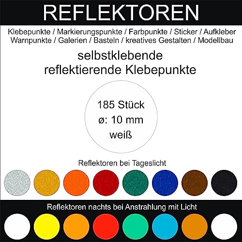 185 Stück Klebepunkte weiß reflektierend aus Folie rund 10 mm selbstklebend wetterfest Aufkleber Reflektor Etiketten Sticker Decal Markierungen Organisieren DIY basteln verzieren Geocaching von Generisch