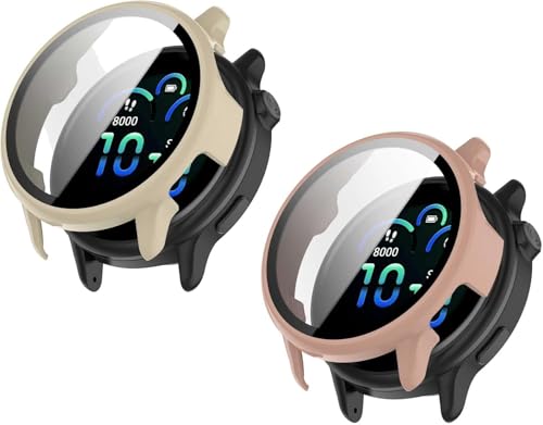 2 Pack Hard Case with Screen Protector for Garmin Vivoactive 6, HD Clear Built-in 9H Tempered Glass Full Protection Slim Cover Case (Beige/Pink) von Generisch