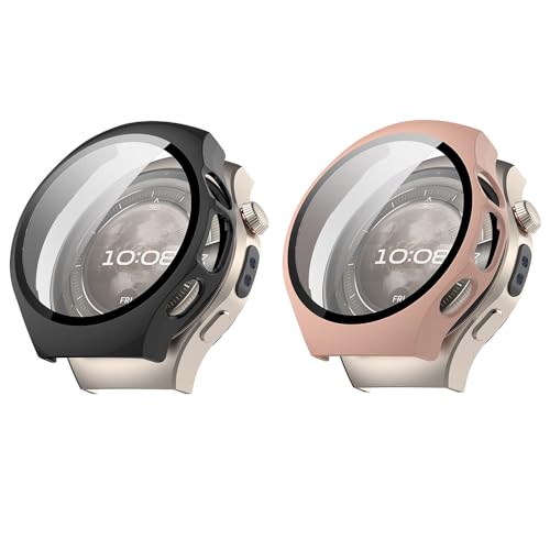 2 Stück Hartschale mit Displayschutzfolie für Huawei Watch 5 46 mm, harte PC-Schutzhülle, stoßfest, kratzfest, Stoßfängerabdeckung mit gehärtetem Glas (Schwarz/Rosa) von Generisch