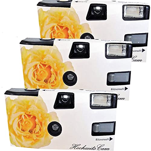 3X 1A Photo PORST Einwegkamera gelbe Hochzeitsrose, mit Blitz, Batterien und Film (3er Pack, je 27 Aufnahmen) von Generisch