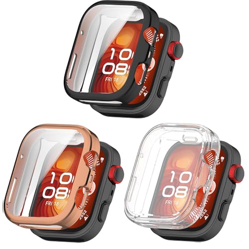 3er-Pack Schutzhüllen kompatibel mit Huawei Watch Fit 4 Pro mit Displayschutzfolie, flexibles TPU, stoßfest, kratzfest, für Huawei Watch Fit 4 Pro Smartwatch (transparent/rotgold/schwarz) von Generisch