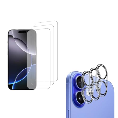 Generisch 3er Set Displayschutzfolie kompatibel mit iPhone 16 – Panzerschutz & Schutzfolie für Kamera und Display, kratzfest, 9H Härte, klarer Displayschutz, einfache Installation mit Zubehör von Generisch