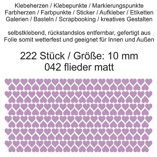 Aufkleber Etiketten Klebeherzen Herzen Herz Klebepunkte aus Folie 222 Stück flieder matt Größe 10 mm selbstklebend farbig wetterfest Markierungen Organisieren DIY basteln verzieren Scrapbooking von Generisch