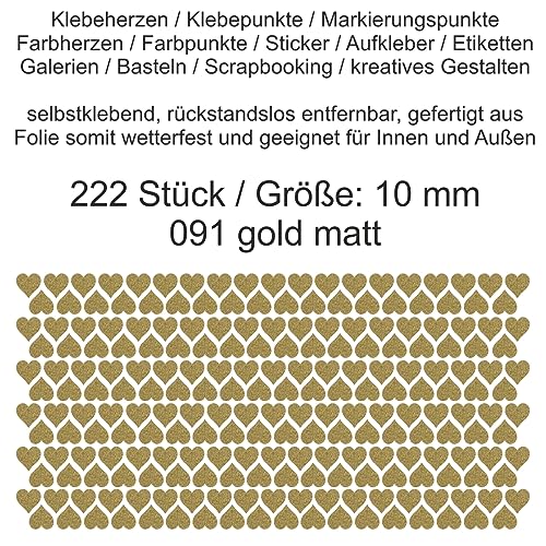 Aufkleber Etiketten Klebeherzen Herzen Herz Klebepunkte aus Folie 222 Stück gold matt Größe 10 mm selbstklebend farbig wetterfest Markierungen Organisieren DIY basteln verzieren Modellbau Scrapbooking von Generisch