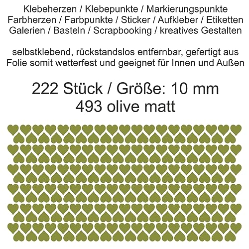 Aufkleber Etiketten Klebeherzen Herzen Herz Klebepunkte aus Folie 222 Stück grün olive matt Größe 10 mm selbstklebend farbig wetterfest Markierungen Organisieren DIY basteln verzieren Scrapbooking von Generisch