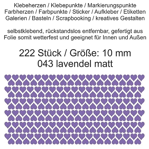 Aufkleber Etiketten Klebeherzen Herzen Herz Klebepunkte aus Folie 222 Stück lavendel matt Größe 10 mm selbstklebend farbig wetterfest Markierungen Organisieren DIY basteln verzieren Scrapbooking von Generisch