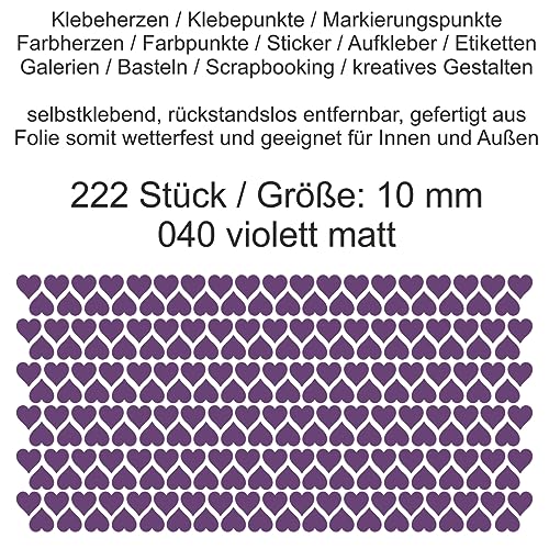 Aufkleber Etiketten Klebeherzen Herzen Herz Klebepunkte aus Folie 222 Stück violett matt Größe 10 mm selbstklebend farbig wetterfest Markierungen Organisieren basteln verzieren Modellbau Scrapbooking von Generisch