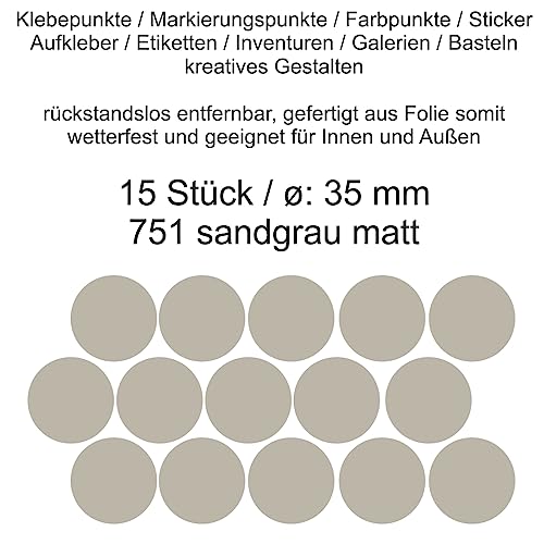 Aufkleber Etiketten Klebepunkte aus Folie 15 Stück grau sandgrau matt rund 35 mm selbstklebend farbig wetterfest Decal Markierungen Organisieren DIY basteln verzieren Modellbau Scrapbooking von Generisch