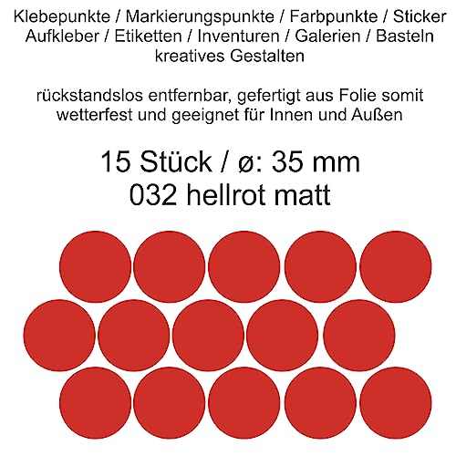 Aufkleber Etiketten Klebepunkte aus Folie 15 Stück rot hellrot matt rund 35 mm selbstklebend farbig wetterfest Decal Markierungen Organisieren DIY basteln verzieren Modellbau Scrapbooking von Generisch