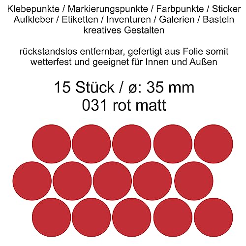 Aufkleber Etiketten Klebepunkte aus Folie 15 Stück rot matt rund 35 mm selbstklebend farbig wetterfest Decal Markierungen Organisieren DIY basteln verzieren Modellbau Scrapbooking von Generisch