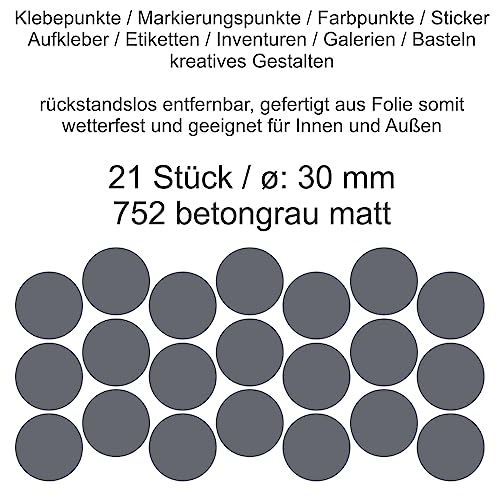 Aufkleber Etiketten Klebepunkte aus Folie 21 Stück grau betongrau matt rund 30 mm selbstklebend farbig wetterfest Decal Markierungen Organisieren DIY basteln verzieren Modellbau Scrapbooking von Generisch