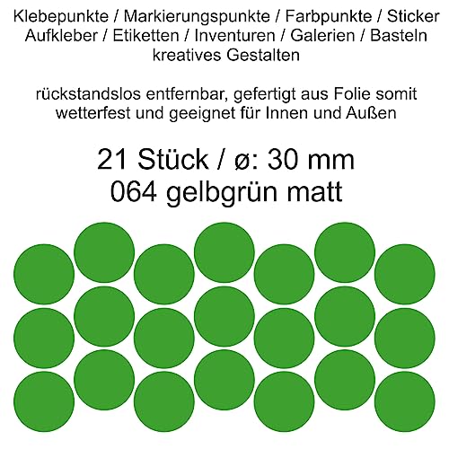 Aufkleber Etiketten Klebepunkte aus Folie 21 Stück grün gelbgrün matt rund 30 mm selbstklebend farbig wetterfest Decal Markierungen Organisieren DIY basteln verzieren Modellbau Scrapbooking von Generisch