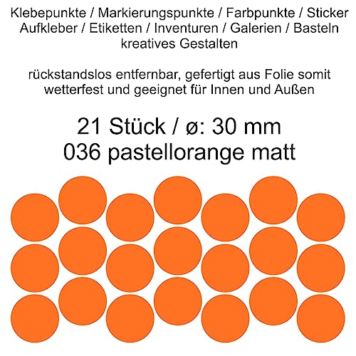 Aufkleber Etiketten Klebepunkte aus Folie 21 Stück orange rot hellrotorange matt rund 30 mm selbstklebend farbig wetterfest Decal Markierungen Organisieren DIY basteln verzieren Modellbau Scrapbooking von Generisch