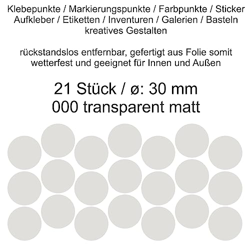 Aufkleber Etiketten Klebepunkte aus Folie 21 Stück transparent durchsichtig matt rund 30 mm selbstklebend farbig wetterfest Decal Markierungen Organisieren DIY basteln verzieren Modellbau Scrapbooking von Generisch