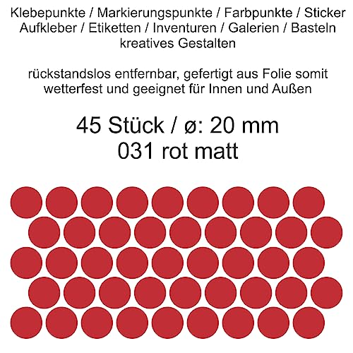 Aufkleber Etiketten Klebepunkte aus Folie 45 Stück rot matt rund 20 mm selbstklebend farbig wetterfest Decal Markierungen Organisieren DIY basteln verzieren Modellbau Scrapbooking von Generisch