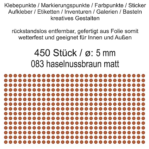 Aufkleber Etiketten Klebepunkte aus Folie 450 Stück braun haselnussbraun matt rund 5 mm selbstklebend farbig wetterfest Decal Markierungen Organisieren DIY basteln verzieren Modellbau Scrapbooking von Generisch