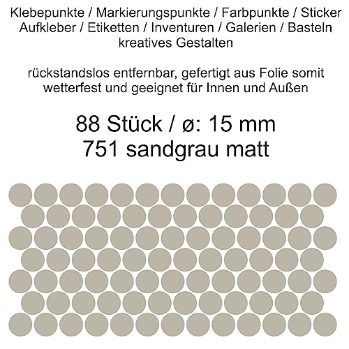 Aufkleber Etiketten Klebepunkte aus Folie 88 Stück grau sandgrau matt rund 15 mm selbstklebend farbig wetterfest Decal Markierungen Organisieren DIY basteln verzieren Modellbau Scrapbooking von Generisch
