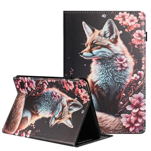 DayQiQiPu Hülle für Amazon Fire HD 10 (10,1 Zoll, 9th/7th/5th Gen, 2019/2017/2015) PU Leder Flip Cover Blumenfuchs Muster, Ständer, Kartenfächer, mit Auto Schlaf/Aufwach - Schutzhülle,06 von Generisch