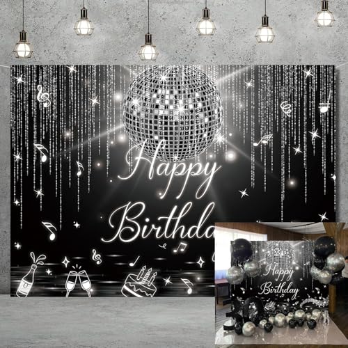 Disco Geburtstags-Hintergrund, Discokugel-Hintergrund für Fotografie, Schwarz und Silber, Disco Happy Birthday-Banner, Retro-Glitzer, Disco-Thema, Party-Dekorationen (Silber, 2,4 x 1,8 m) von Generisch