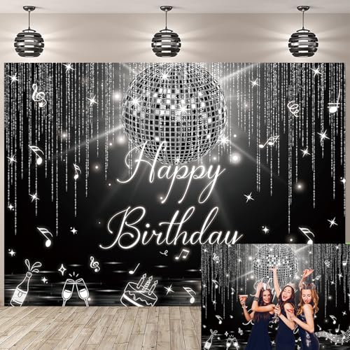 Disco Geburtstags-Hintergrund, Discokugel-Hintergrund für Fotografie, Schwarz und Silber, Disco Happy Birthday-Banner, Retro-Glitzer, Disco-Thema, Party-Dekorationen (Silber, 2,7 x 1,5 m) von Generisch
