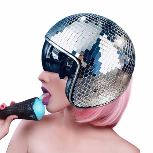 Discokugel Helm, Disco Spiegel Hut, Glitzer Spiegel Glas Disco Ball Hut, DiscoKugel Spiegel Hut Mit Einziehbarem Sonnenschutz, 70er Disco Kopfbedeckung Zubehör von Generisch