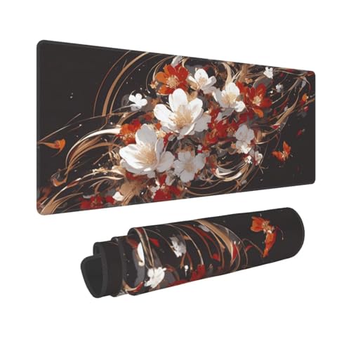 Gaming Mauspad XXL 1600x800mm Verlängertes Großer Mousepad Schreibtisch Schutz rutschfeste Gummibasis Für Home Office wasserdichte Mousepad mit genähten Kanten langlebig Rote weiße Blumen M5239 von Generisch
