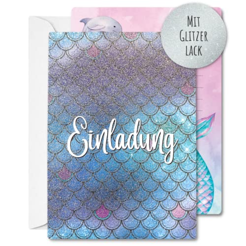 Generisch 12 x Einladungskarten Umschläge für Mädchen Kindergeburtstag – Süße Karten mit Meerjungfrauen-Motiv – Die Glitzerkarten sind die perfekte Einladung zur Geburtstagsfeier oder Kinderparty von Jlwiy