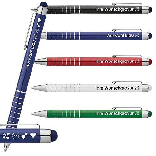 Generisch 25 Stück Kugelschreiber aus Metall mit Touchfunktion inklusive Wunschgravur | 8 Zierringe | Farben | Druckkugelschreiber Gravur | Werbekugelschreiber personalisiert | Emojis (Blau) von Generisch