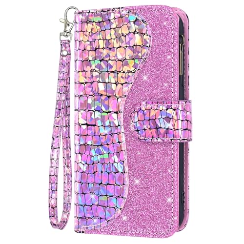 Generisch Brieftaschenhülle für iPhone 16 Pro Max/16Plus/16Pro/16, glitzernd, glänzend, Fischschuppen-Hülle, Leder, Klappkartenhalter, Damen-Handyhülle von Generisch