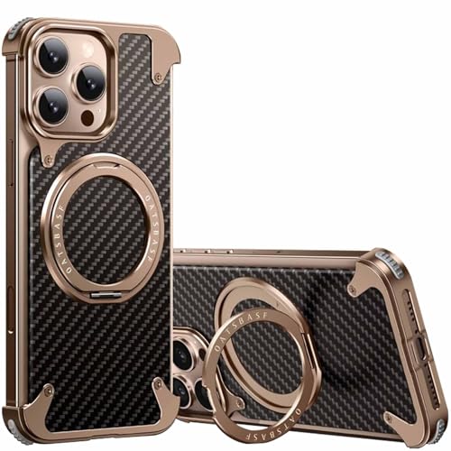 Generisch Carbonfaser-Hülle Für iPhone 16 Pro/16 Pro Max, Rahmenlose Wärmeableitung Mit 360° Drehbarem Ständer, Schutz in Militärqualität, Kompatibel Mit MagSafe,16pro max,Gold von Generisch