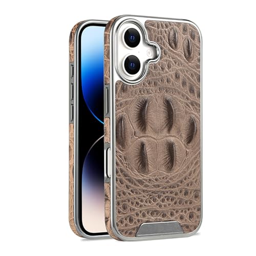Generisch Echtleder hülle für iPhone 16 Pro Max/16 Pro/16 Plus/16, schlanke Luxus-Business-Hülle mit 3D-Krokodilkrallenmuster und Plating-Rahmen (16, Grau) von Generisch